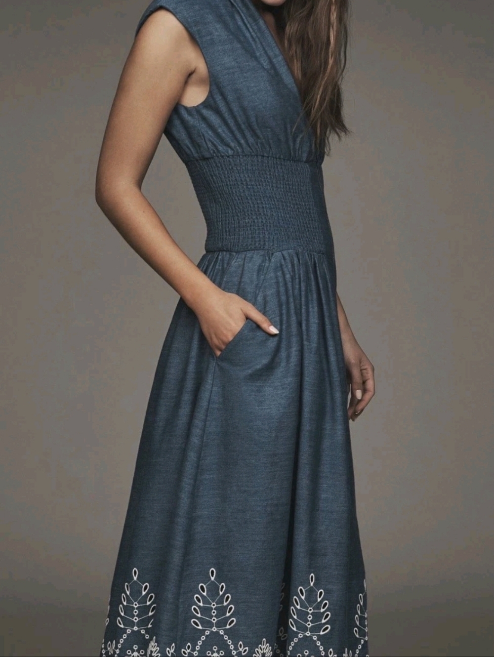 Anthropologie Blue Sleeveless Tommie Embroidered Smocked Waist Dress - Picture 6 of 6